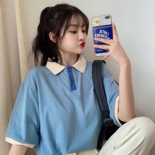 2021 new summer short-sleeved womens T-shirt Korean style loose student ins solid color polo shirt top clothes