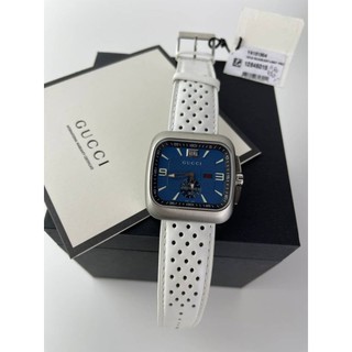 (สด-ผ่อน)🎗แท้100% GUCCI G Coupe Quartz Blue Dial Leather Strap Mens Watch⌚