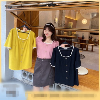 เสื้อยืดแขนสั้นผู้หญิงสาวอวบ เสื้อยืดขนาดใหญ่ oversize สีชมพู ขอบดอกไม้ เสื้อยืดสวยๆผู้หญิง