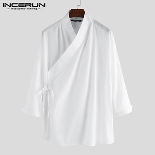 incerun เสื้อท็อป คอวี แขนยาว ทรงหลวม สําหรับผู้ชาย