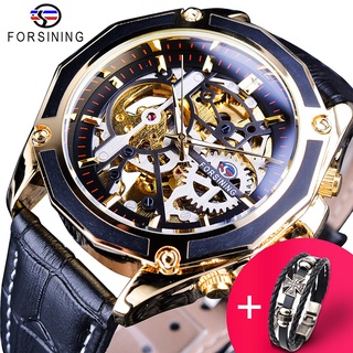 Forsining Watch +Bracelet Set Combinatin Transparent Self-Winding Watches Automatic Man Clock Skeleton Watches Top Brand