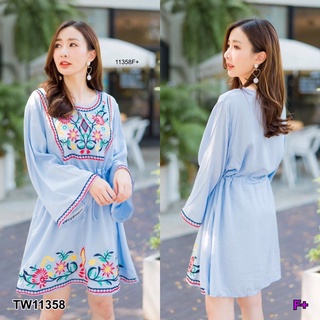 TW11358 Dress เดรสแขนยาว ผ้าสปันอกปักดอกไม้สไตล์โบฮีเมี่ยน เอวรูกเชือกผูก ชายเดรสปักลายดอกไม้ ทรงพื้นเมืองภาคเหนือน่ารัก