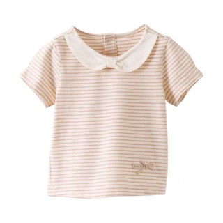เสื้อผ้าเด็ก Organic เสื้อแขนสั้น คอปกบัว ลายทางน้ำตาลอ่อน ผ้านิ่มมาก size 110 cm. เสื้อผ้าเด็ก