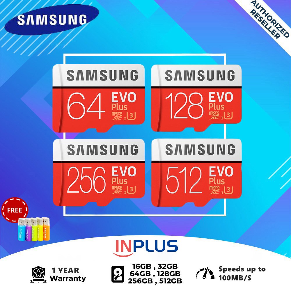 Samsung Evo Plus Micro SD Card 100MB/s U3 4K Class 10ไมโคร SD 32GB / 64GB / 128GB / 256GB / 512GB SDXC การ์ด SD Card