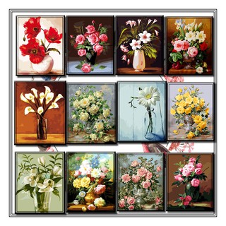 40*50cm DIY ภาพวาดสีน้ำมัน ภาพระบายสีตามตัวเลข Painting By Numbers  Flowers on table