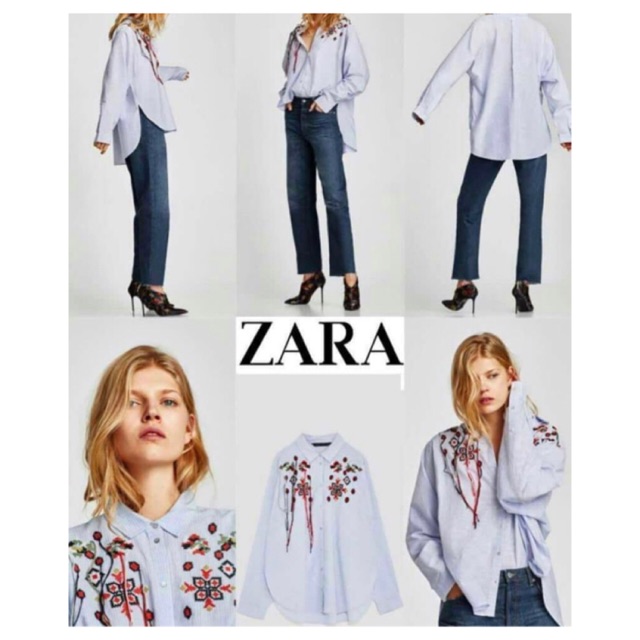 Zara เสื้อเชิ๊ต งานปัก สีฟ้าอ่อน (Used)