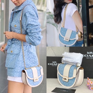 🎀 (สด-ผ่อน) กระเป๋าสีฟ้า 7.5 นิ้ว งาน SHOP C4694 Coach Alie Saddle Bag In Signature Jacquard