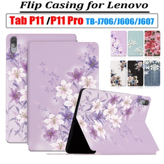 P11/P11 Pro เคสแท็บเล็ตหนัง PU ฝาพับ ลายดอกไม้ กันลื่น กันเหงื่อ คุณภาพสูง สําหรับ Lenovo Tab P11 Pro TB-J606 TB-J607 TB-J616 Pad Plus 11.0 นิ้ว TB-J706 J716 11.5 นิ้ว TAB