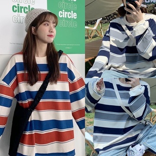 Korean🧧 เสื้อสเวตเตอร์คอกลมแขนยาวแต่งลายทาง 2 สี ทรงโอเวอร์ไซส์