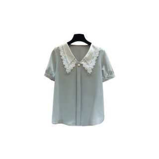 เสื้อเชิ้ตแขนสั้น สีพื้น คอตุ๊กตา แต่งลูกไม้ สไตล์เกาหลี สำหรับผู้หญิง ขนาด S-3XL