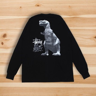 STUSSY เสื้อยืดแขนยาว พิมพ์ลายไดโนเสาร์ ขนาดใหญ่ และความมีชีวิตชีวา สีดํา พรีเมี่ยม