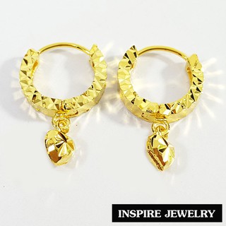 Inspire Jewelry (NN) ,ต่างหูทอง ตอกลายหรู ห้อยหัวใจตอกลาย งานร้านทอง ปราณีต หุ้มทองแท้100% 24K สวยหรู   (Thai Quality)