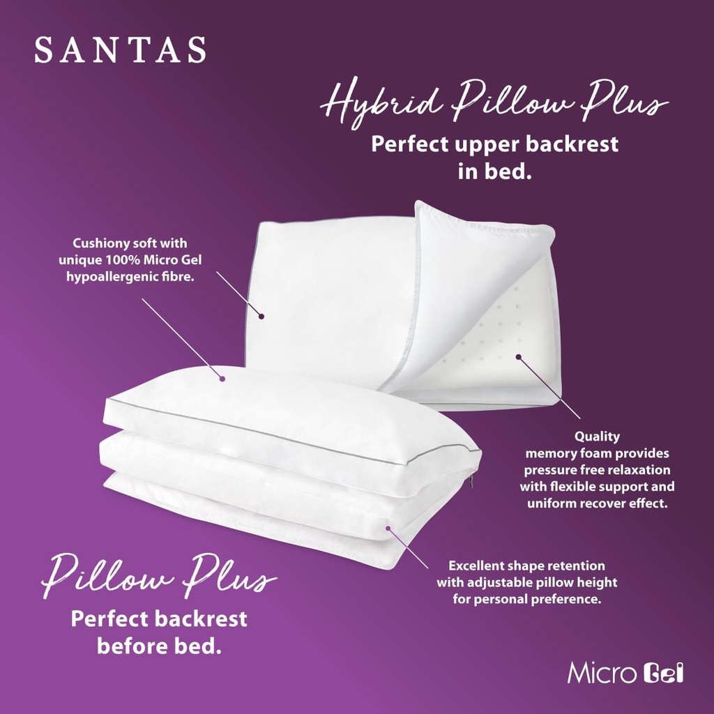 SANTAS หมอนหนุน รุ่น MICROGEL PILLOW PLUS  ขนาด 19 x 29 นิ้ว