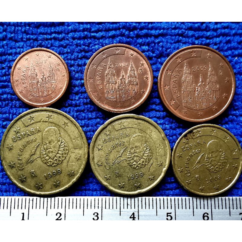 เหรียญ​ต่างประเทศ​ สเปน​ Spain​ ชุด​ ยูโร​ 1,2,5,10,20,​50 Euro Cent, ใช้แล้ว, #​287