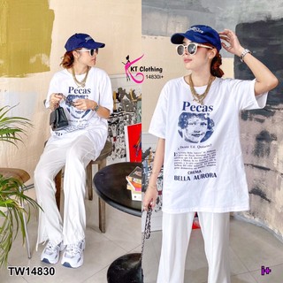 TW14830 Set 2 ชิ้น เสื้อยืดคอกลม แขนสั้น ทรงโอเวอร์ไซส์ เนื้อผ้าคอตตอน + กางเกงขายาว ขาม้าตีเกล็ด ผ่าหน้า มีกระเป๋าข้าง