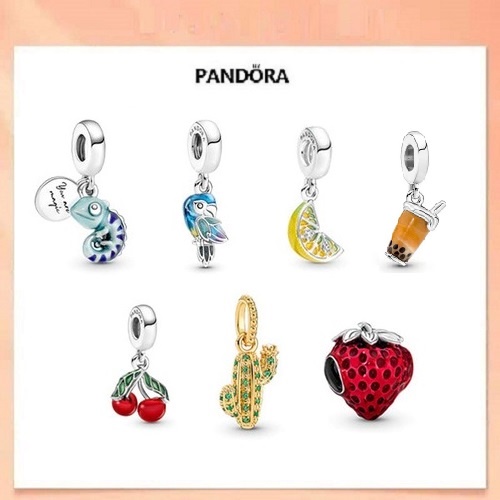 (ใหม่) 925 Silver Chameleon Parrot Lemon Cactusไม่สมมาตร Cherry Strawberry Pendant Charm