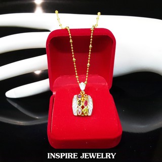 Inspire Jewelry จี้พลอยนพเก้าล้อมเพชรสองข้าง งานจิวเวลลี่ 2x1.3cm และสร้อยคอยาว 18นิ้ว