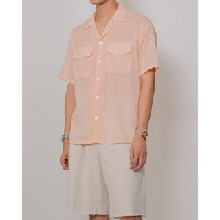 CLUB ✿  02 Floral-Sheer Resort Shirt in Peach Pink เสื้อเชิ้ตคอเปิด สไตล์รีสอร์ท ผ้าซีทรูลายดอกไม้ สีชมพูพีช