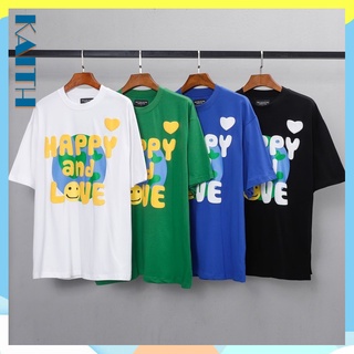 เสื้อยืดอินเทรนด์ผู้ชายอินเทรนด์ผู้หญิงพร้อมส่ง เสื้อยืดแขนสั้น ผ้าฝ้าย ทรงหลวม พิมพ์ลายหน้ายิ้ม สีฟ้า พลัสไซซ์ สไตล์ฮิป