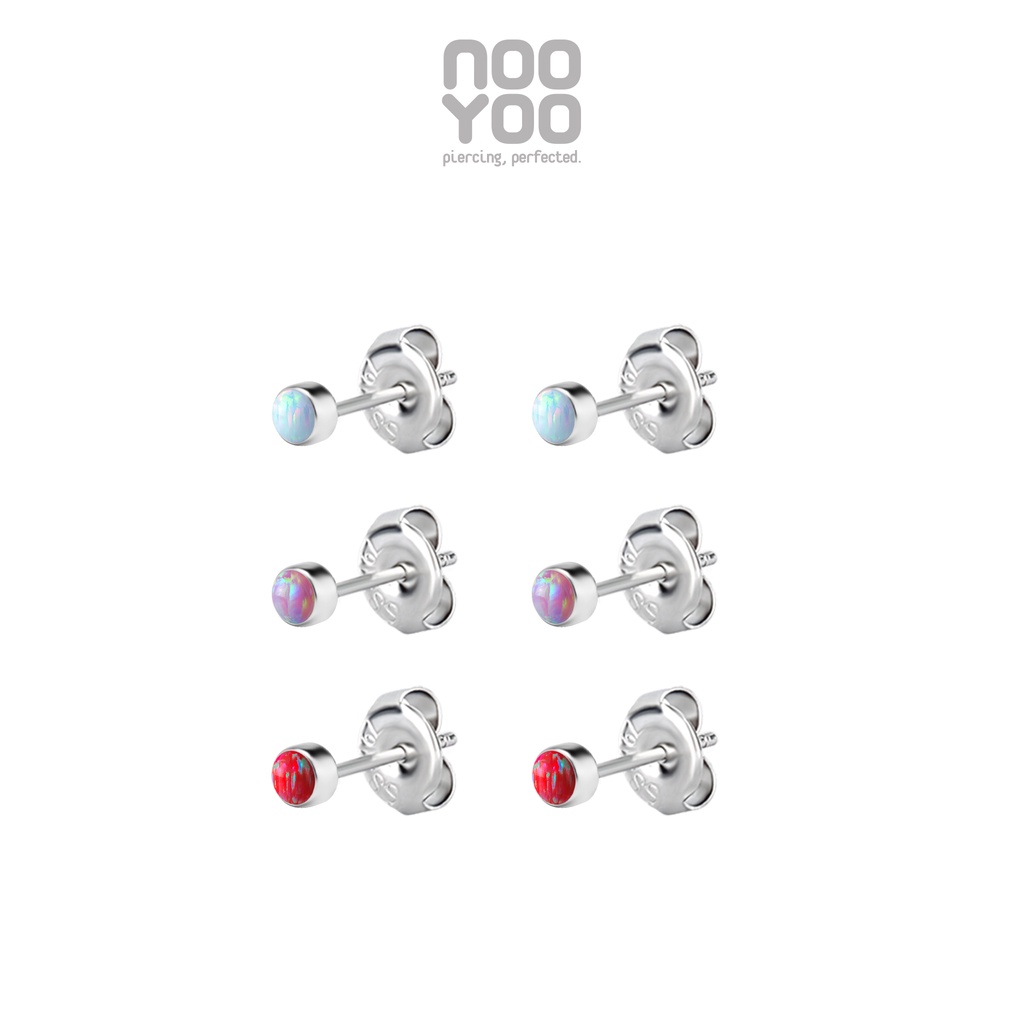 NooYoo ต่างหูสำหรับผิวแพ้ง่าย Lab Created Opal 3mm (สีแดง/สีฟ้า)
