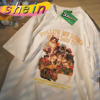 shein เสื้อคู่รักชายหญิง เสื้อโอเวอร์ไซส์แขนสั้นสีขาว เสื้อผ้าวัยรุ่นแฟชั่นเกาหลี ลายการ์ตูน คอกลม สตรีท ลายแมว2260/2259