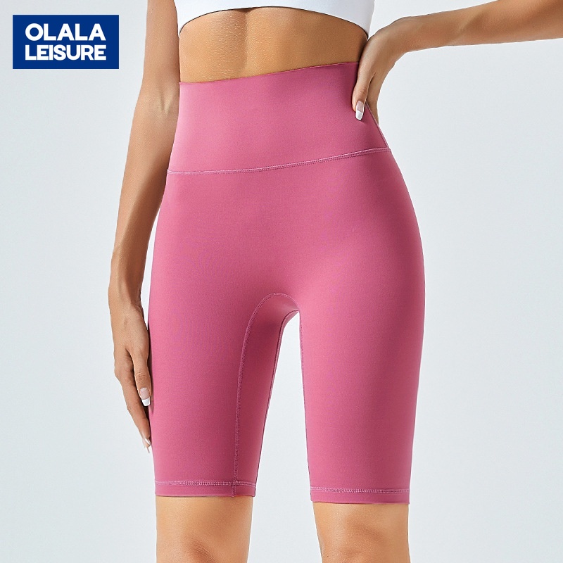 OLALA LEISURE กางเกงกีฬาขาสั้น ขาห้าส่วน เอวสูง ไร้รอยต่อ สีนู้ด เหมาะกับใส่เล่นโยคะ ฟิตเนส สําหรับผู้หญิง