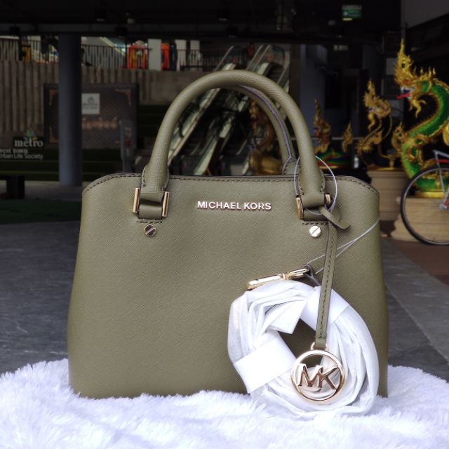 MICHAEL KORS 35H8GS7S1L SAVANNAH SMALL SATCHEL CROSSBODY LEATHER BAG / COLOR : GREEN DUFFLE