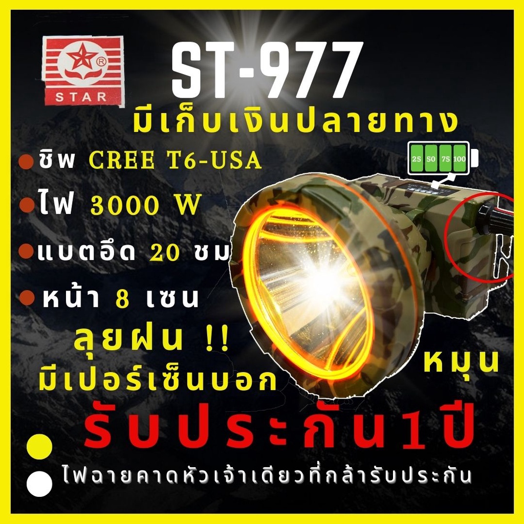 [ประกัน 1 ปี ชิพT6 สว่างมาก] ST-977 ไฟฉายคาดหัว 3000W หมุนปรับ หรี่-เร่ง บอกเปอร์เซ็นแบต หน้า 8 CM ส่องไกล2000เมตร ลุยฝน