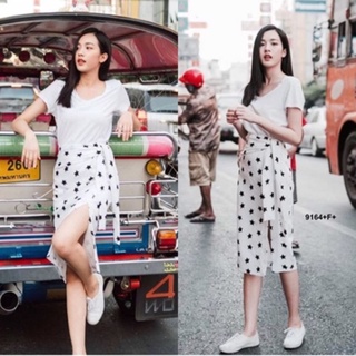 Set2ชิ้น เสื้อยืด แขนสั้น ผ้าคอตตอน+กระโปรง ลายดาว