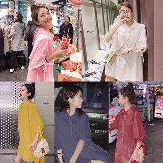 TW8644 ชุดเดรสเชิ้ตแขนศอก ปลายแขนแต่งผูกโบว์ แต่งจีบหลัง / TW8644 Elbow sleeve shirt dress Bow-tie cuffs, pleated back