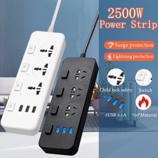 T14 US Plug 2500W 10A รางปลั๊กไฟ 3 ซ็อกเก็ตสากลพร้อม USB 2m ปลั๊กไฟ ปลั๊กสายต่อพ่วง ปลั๊ก 3 ตา