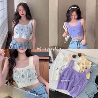 Maze*พร้อมส่ง*เสื้อกล้ามไหมพรมถัก ปักลายดอกทิวลิป​โท ละมุนมากๆ(73066)