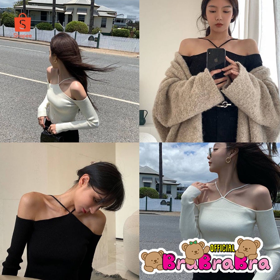 [ส่งจากไทย] 𝑩𝒓𝒂𝑩𝒓𝒂𝑩𝒓𝒂 #f-074 เสื้อไหมพรม สายคล้องคอ แขนยาว