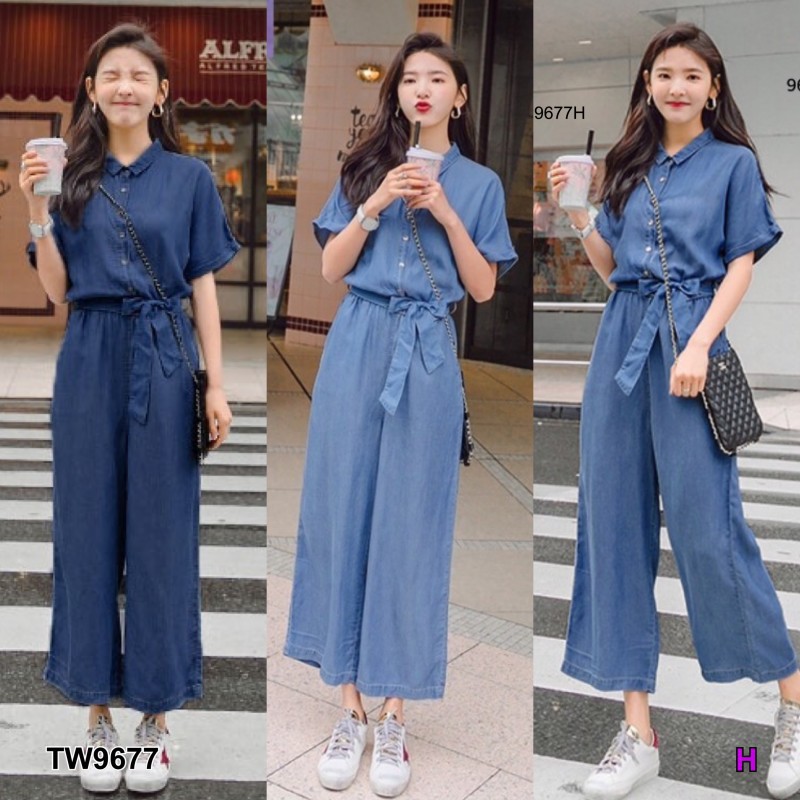 Pfashion [ส่งไว!! ] P9677 จั้มสูทยีนส์เทียมผูกเอว Denim jumpsuit with tie waist