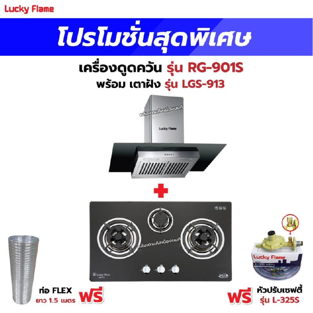 เครื่องดูดควัน รุ่น RG-901S พร้อมเตาฝัง รุ่น LGS-913 ฟรี หัวปรับเซฟตี้ รุ่น L-325S พร้อมสาย 2 เมตร ตัวรัดสาย 2 ตัว