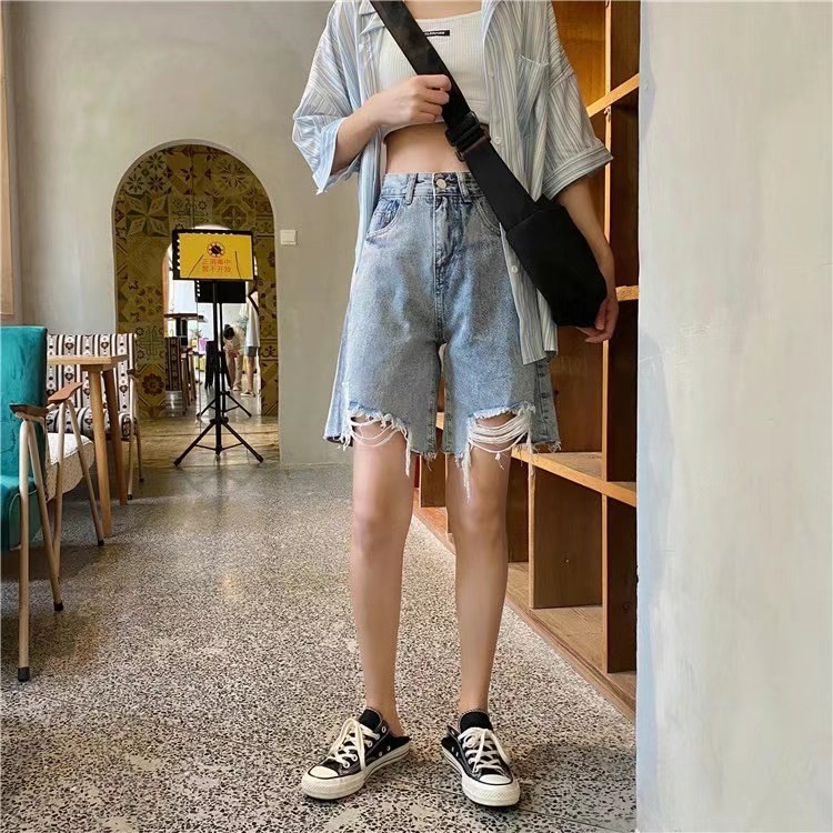 Swan shop แฟชั่นกางเกงขาห้าส่วนขาดรู้ผ้าเดนิมทรงตรงสวยเข้ารูป สไตล์เกาหลีฤดูร้อน รุ่นใหม่ - รูปที่ 5