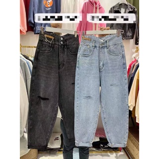 CM#803 [S,M,L,XL] กางเกงยีนส์ผู้หญิงทรงบอย เอวสูง แต่งเอว กรีดขาด ปลายขาตัด สียีนส์ ผ้าหนาไม่ยืด ผ้าคุณภาพดีมาก งานป้าย
