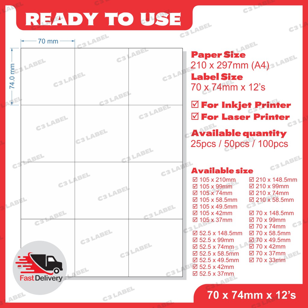 A4 Size Pre Cut Blank Sticker / A4 - สติ๊กเกอร์สีขาว ( 70 x 74mm x 12s )