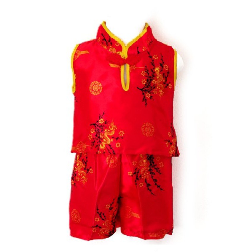 baby_fancy_shop ชุดจีนเด็กเล็ก เสื้อแขนกุด+กางเกงขาสั้นผ้าแพรพิมพ์ลายมังกรดอกเหมย - สีแดง กุ๊นทอง