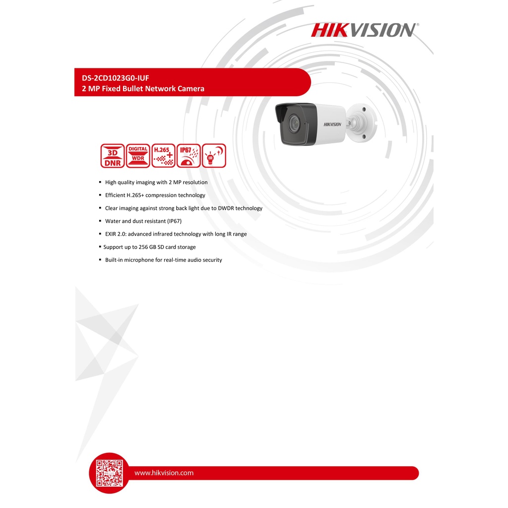 HIKVISION กล้องวงจรปิด IP รุ่น DS-2CD1023G0-IUF (เลนส์ 4MM.) 2MP อินฟราเรด มีไมค์ รับประกัน 3 ปี