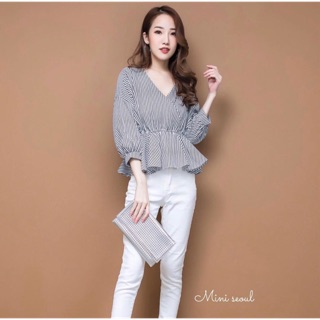 MN514🌹Stripe Blouse เสื้อคอวีทรงป้ายหน้า