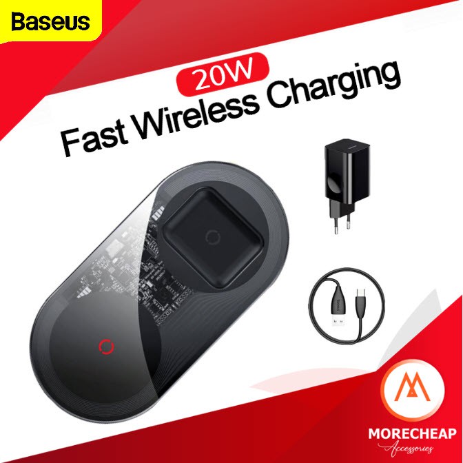 ถูก/แท้ Baseus 2in1 Dual Wireless Charger USB-C มือถือ หูฟัง 20W ที่ชาร์จไร้สาย For Airpods 2 Iphone แถมหัวชาร์จ