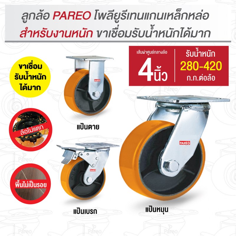 ลูกล้อ4นิ้ว (100มม.) ล้อโพลียูรีเทนแกนเหล็กหล่อ ล้อยูรีเทน ล้อไม่แตก ล้อขาเชื่อม ล้อสำหรับงานหนัก รับน้ำหนัก 280-420กก.