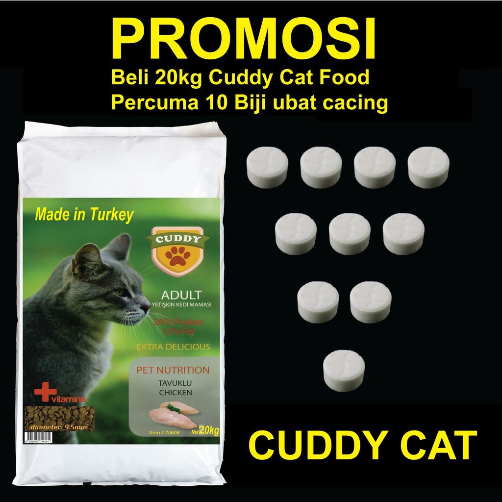 (ฟรี 10 เมล็ด Ubat Cacing) 20KG CUDDY CHICKEN อาหารแมว | Makan Kucing Premium Dari ตุรกี ฟรี 10 เมล็