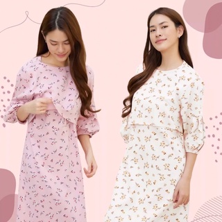 CARA ชุดคลุมท้อง เดรสคนท้อง เดรสคลุมท้อง ชุดให้นมลูก เดรสให้นม  แขนบอลลูน CARA