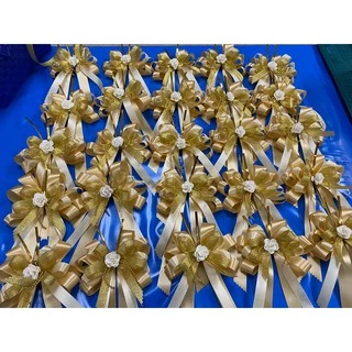 โบว์ริบบิ้นผ้าต่วนติดกุหลาบคุมโทน (ต่วน22มม+ต่วน 10 มม.+เนื้อทราย+ขาลวด)