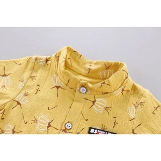 เสื้อเชิ้ตลายดอกแดนดิไลออนเด็กชายยุโรปและอเมริกา กางเกงขาสั้นสีทึบ ชุดลำลองเด็กฤดูร้อนสไตล์ตะวันตก
