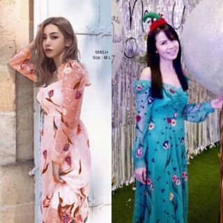 Dress เดรสผ้าตาข่ายลายจุด แขนยาว อกเย็บ
