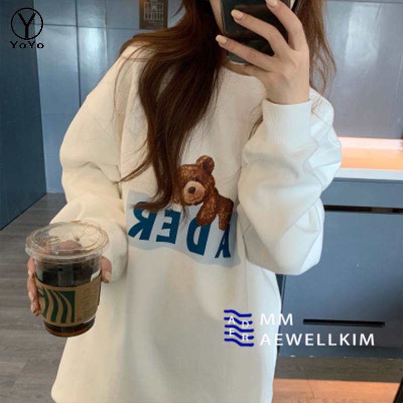 YOYO เสื่อแขนยาวคอกลม เสื้อกันหนาวแฟชั่นเกาหลี ใส่ได้ทุกฤดู เสื้อแขนยาวแฟชั่นผู้หญิงสีสดใส่น่ารัก รุ