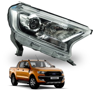 โคมไฟหน้า ไฟหน้า Projector เรนเจอร์ ข้างขวา สีโครเมี่ยม+ดำ สำหรับ Ford Ranger WT ปี 2015-2017